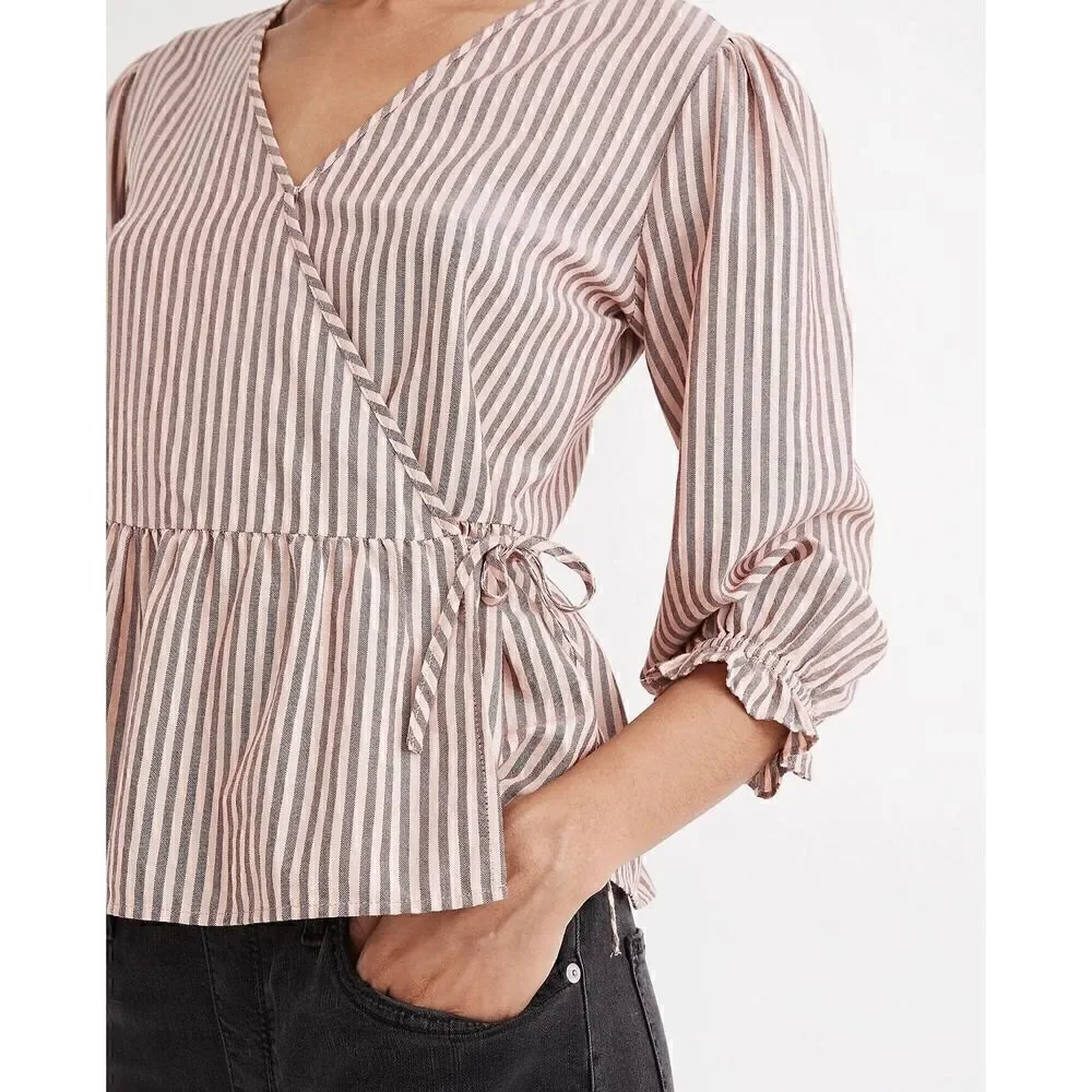 MADEWELL Puff-Sleeve Peplum Wrap Top in Stripe size XXS Retails $79
